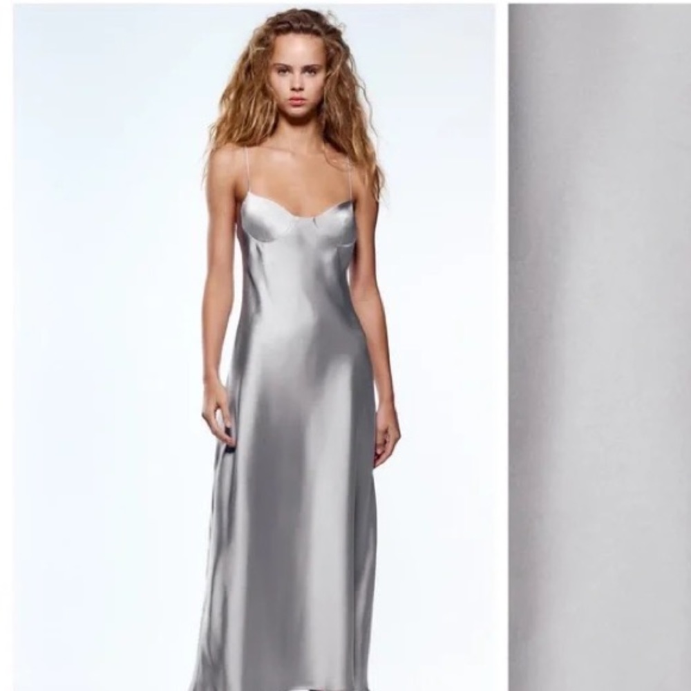 NWT Zara Grey Satin Effect Cut Out Midi Dress